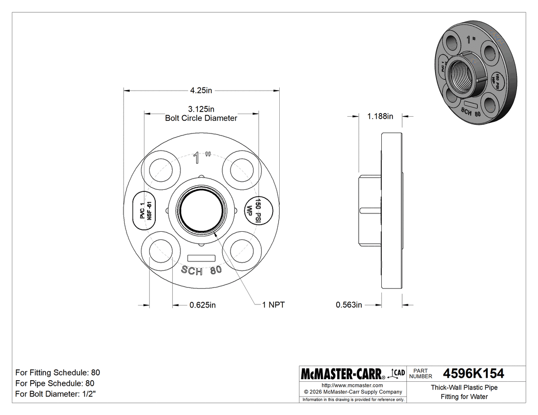 Technical Drawing of Thick-Wall Plastic Pipe Fitting for Water, Fixed Flange, 1 NPT Female.